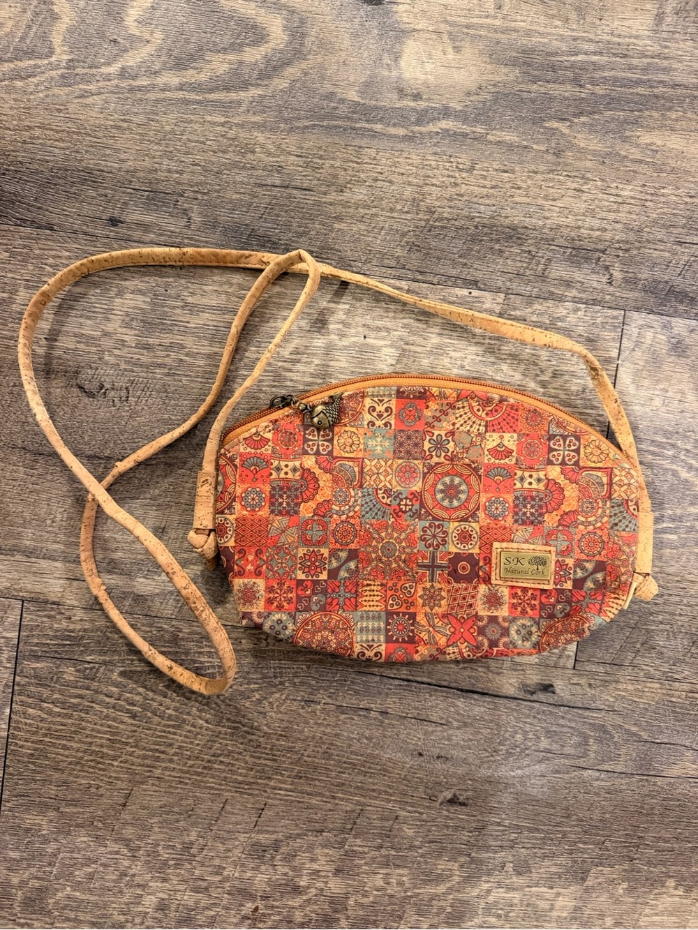 SK All Natural Cork Multicolor Patchwork Crossbody Bag 10.5”